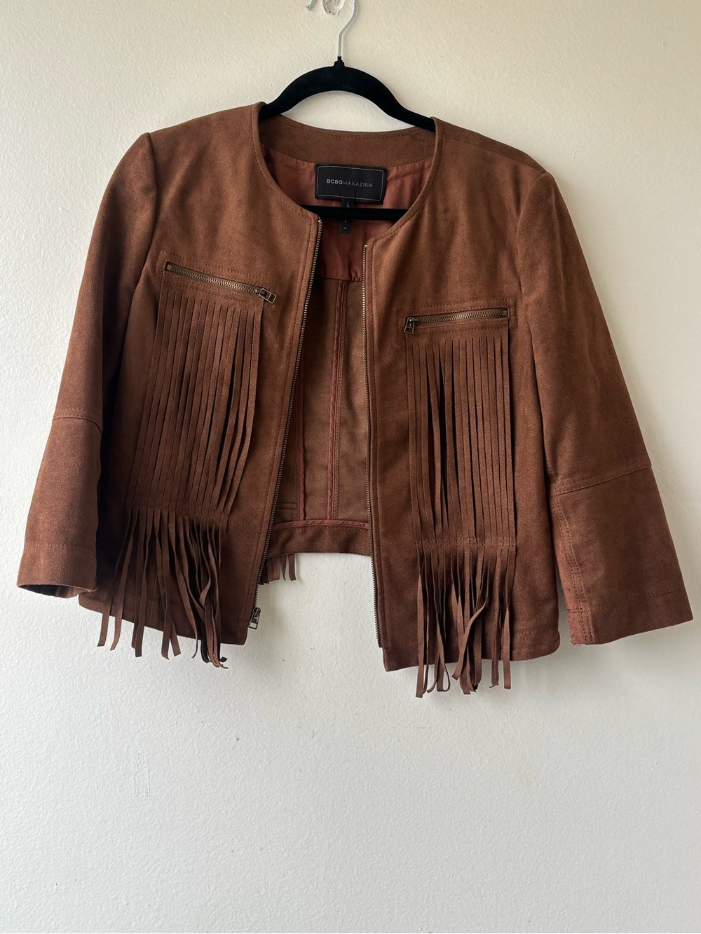BCBG Brown Faux Suede Fringe Leather Jacket